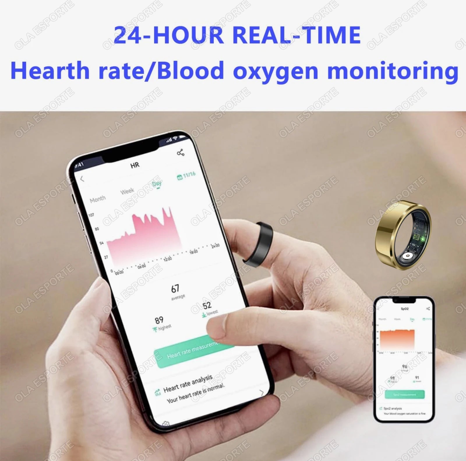 Smartphone app displaying 24-hour real-time heart rate and blood oxygen level tracking via NovaRing.