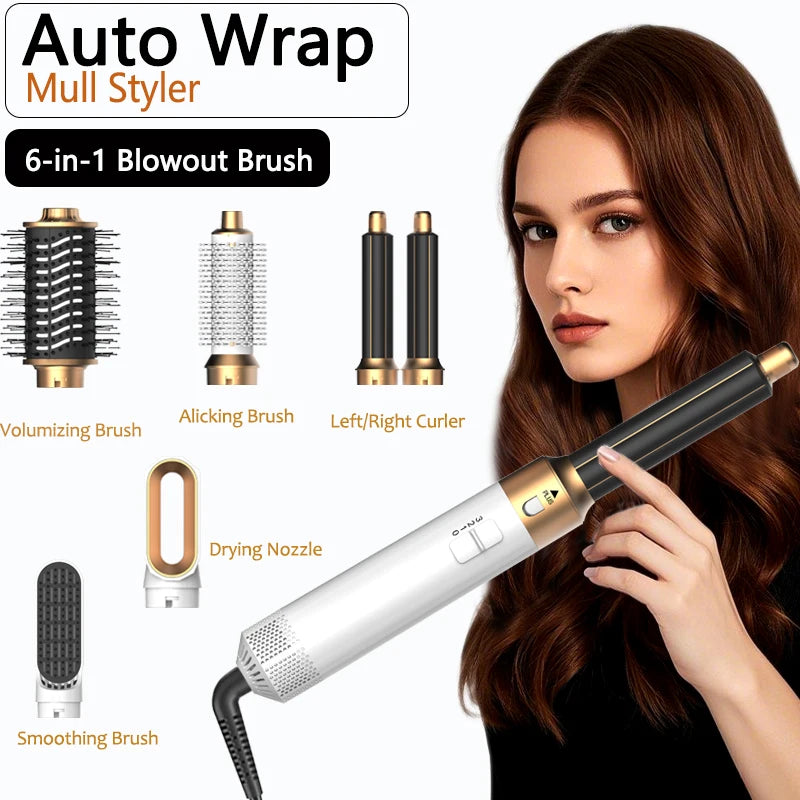 Professional 6-in-1 hair dryer brush and multi-styler by Aurora Nova 4, featuring detachable heads for drying, curling, and straightening