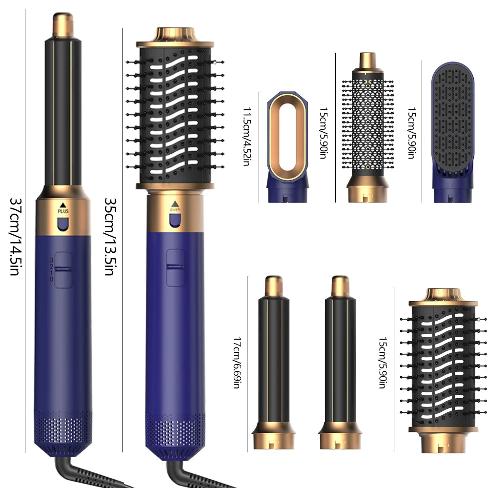 Complete set of 6 interchangeable attachments including curlers, brushes, and dryer nozzle for versatile styling.