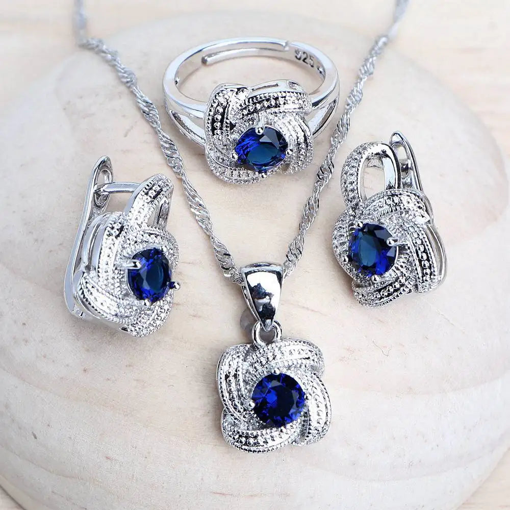 Real Blue Jewelry Set – Elegant Crystal Necklace and Earrings – 925 Sterling Silver