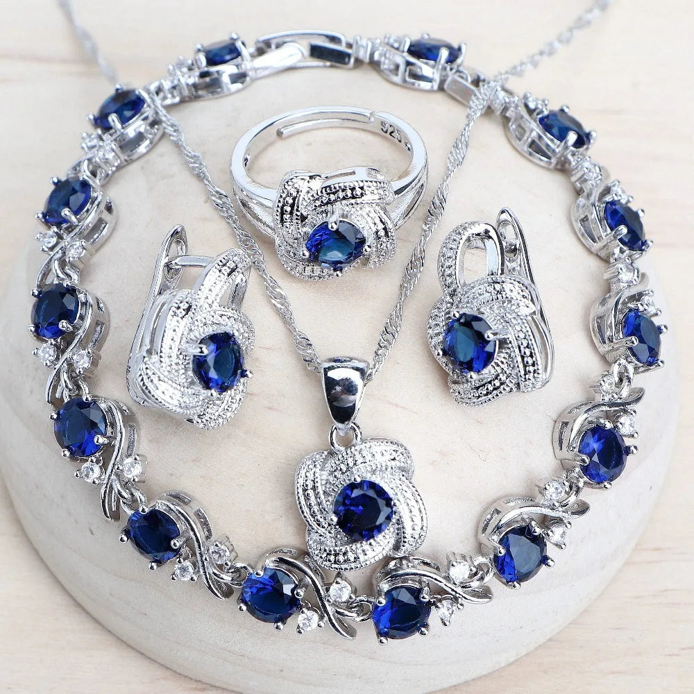 Real Blue Jewelry Set – Elegant Crystal Necklace and Earrings – 925 Sterling Silver