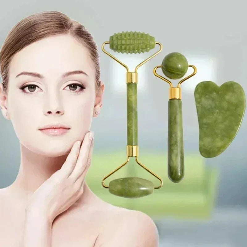  Double-sided green jade roller and Gua Sha stone tool for facial massage and skincare routine
