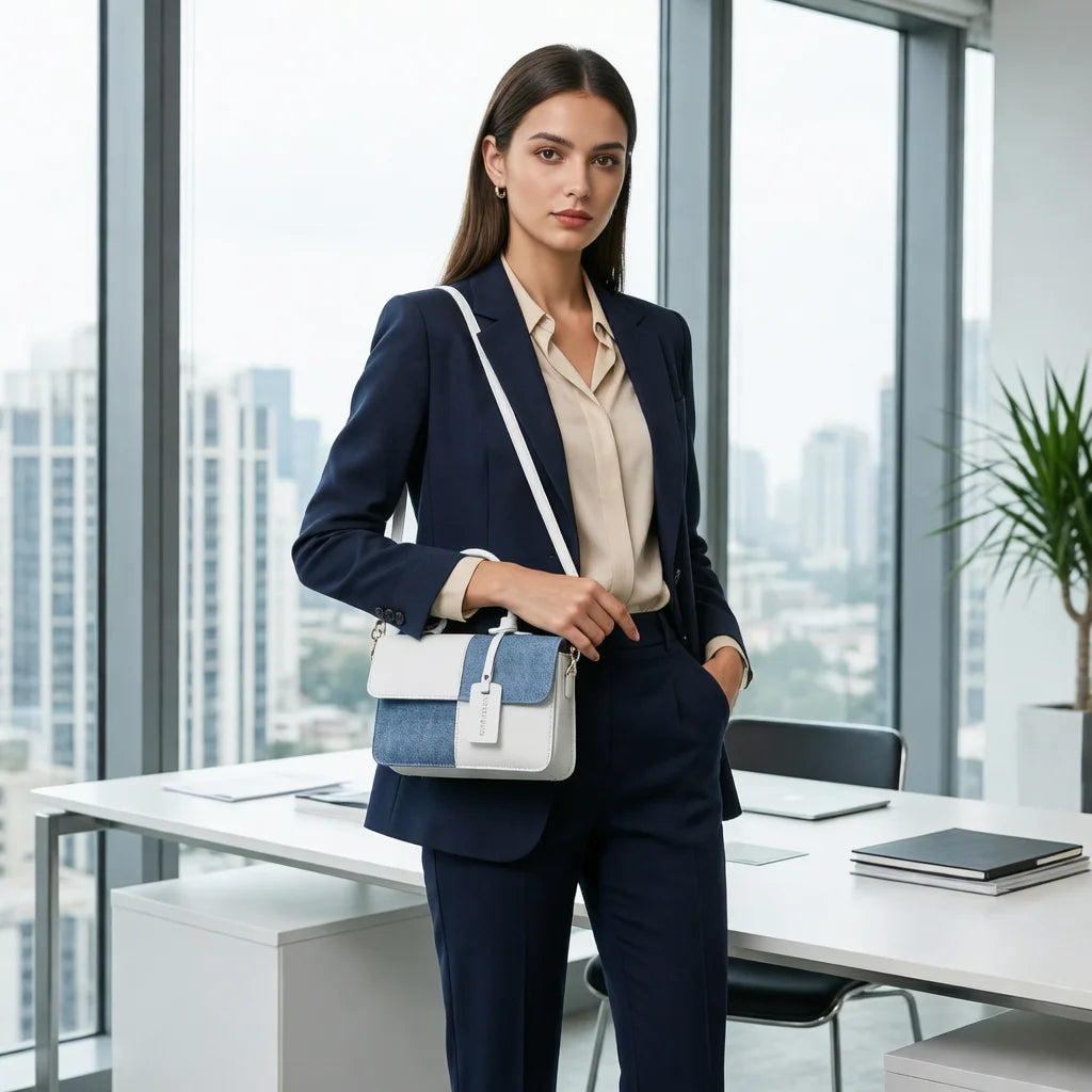 Professional woman wearing a blue suit carrying the white and blue patchwork handbag in an office setting.