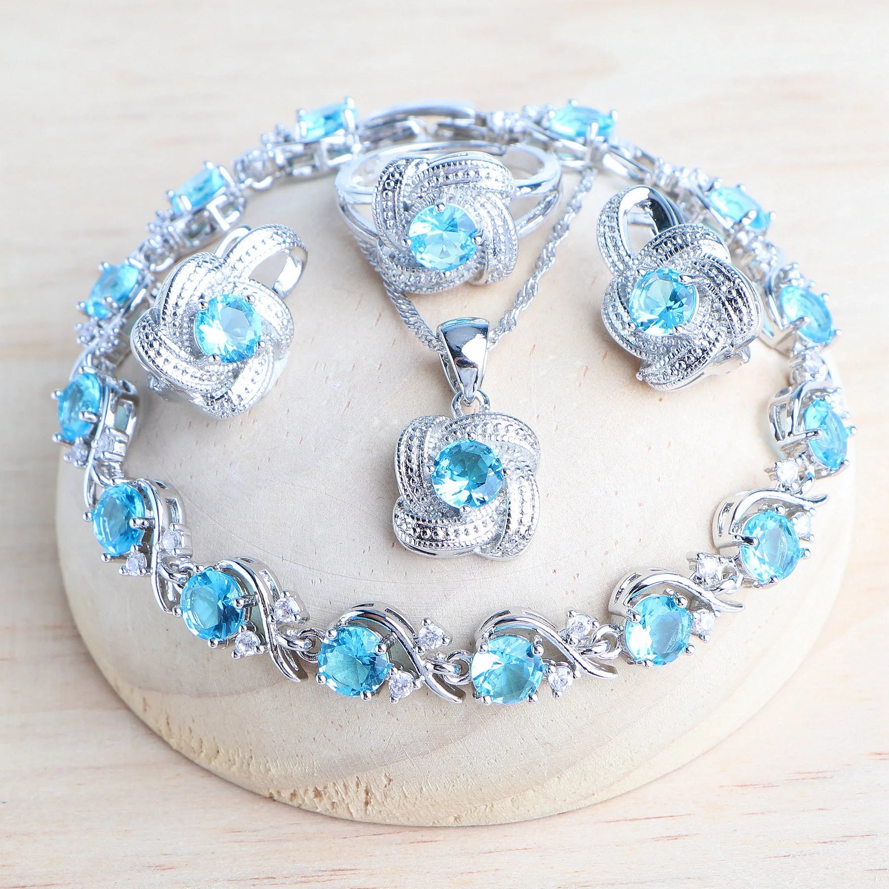 Real Blue Jewelry Set – Elegant Crystal Necklace and Earrings – 925 Sterling Silver