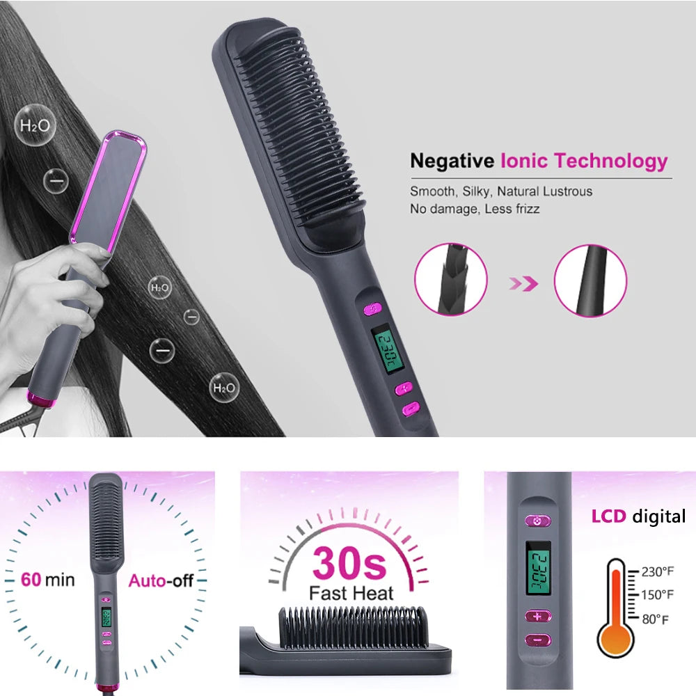 Anti-Scald Electric Hair Straightener Brush with Negative Ions