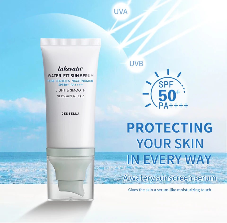 Lakerain Water-fit Sun Serum SPF 50 PA+++ with Centella, a watery sunscreen for daily skin protection.