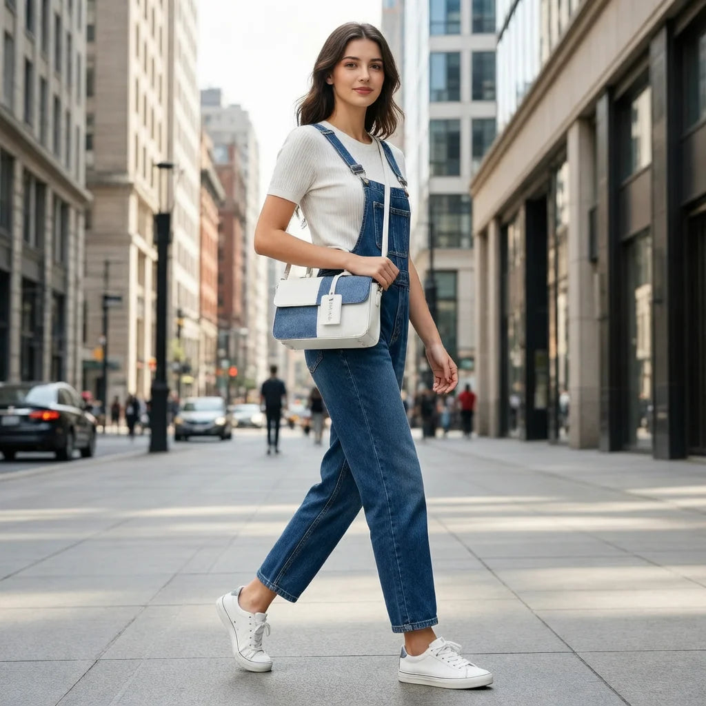 Young woman in casual denim outfit showcasing the patchwork crossbody bag while walking in the city.