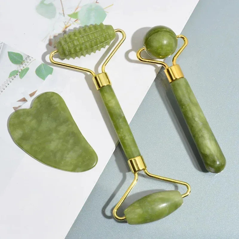 Natural Green Jade Roller and Gua Sha facial massage tool set for skin repair