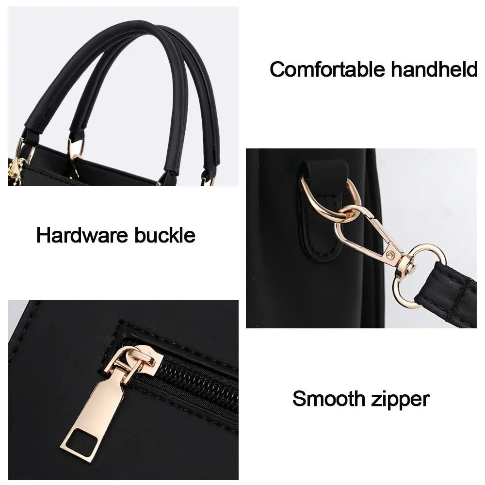 Close-up details of handbag featuring smooth zipper, hardware buckle, and comfortable handle