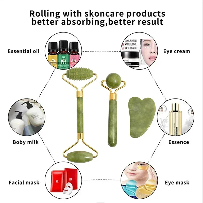 Complete facial care set with spiked jade roller, smooth roller, and heart-shaped gua sha.