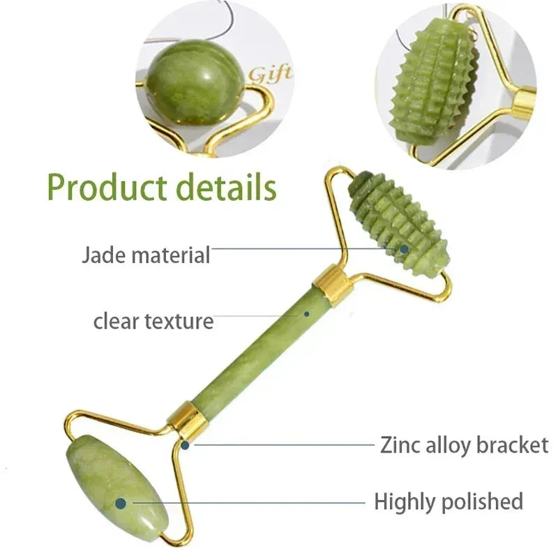 Diagram showing jade roller components with zinc alloy bracket and highly polished stone.
​