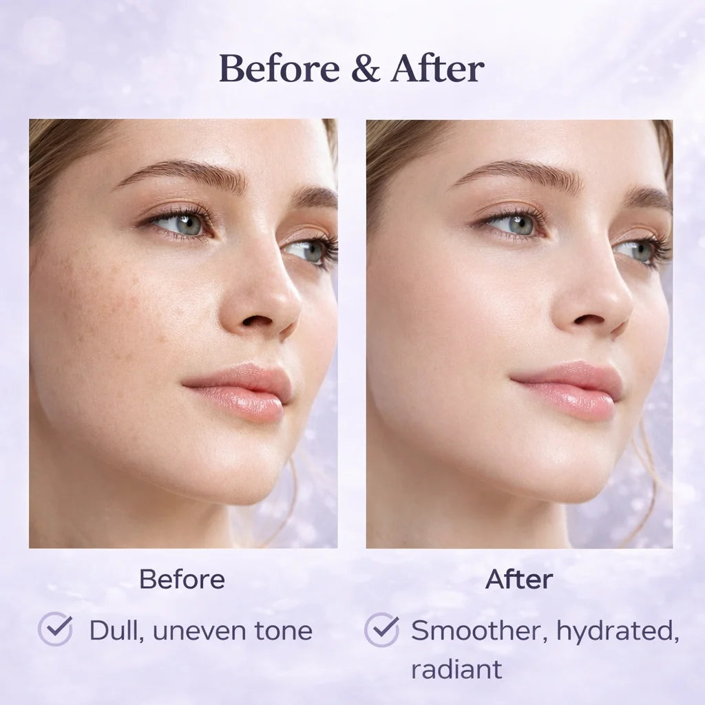Before and after results using Madeca Cream: from dull, uneven tone to smoother, hydrated, and radiant skin.