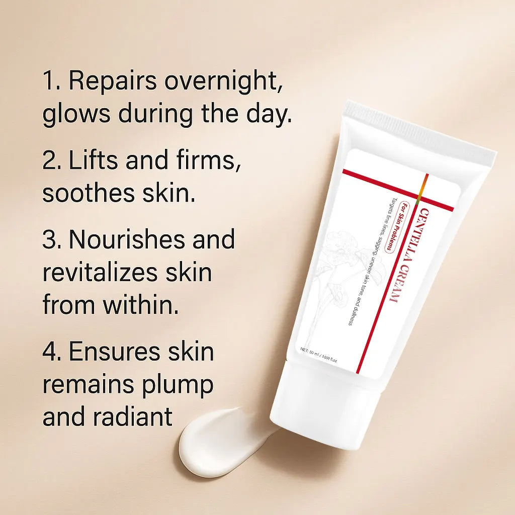 Madeca Cream benefits: repairs skin overnight, provides a daily glow, lifts and firms, and ensures radiant, plump skin.