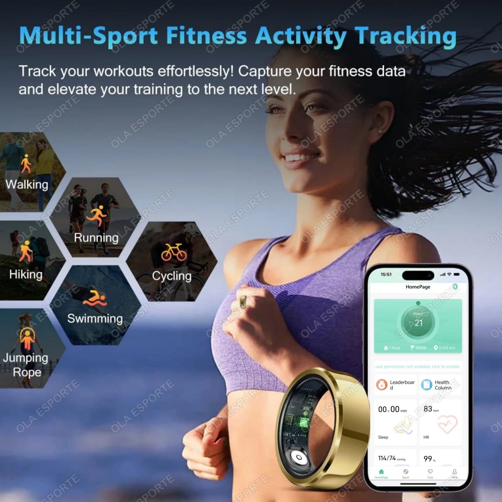 Woman running with multi-sport fitness activity tracking shown on her smartphone app and NovaRing.