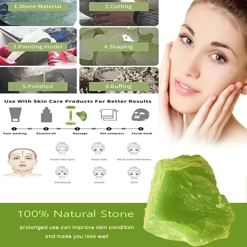 Infographic with natural raw jade stone and model showing production steps for skincare tools.
​
