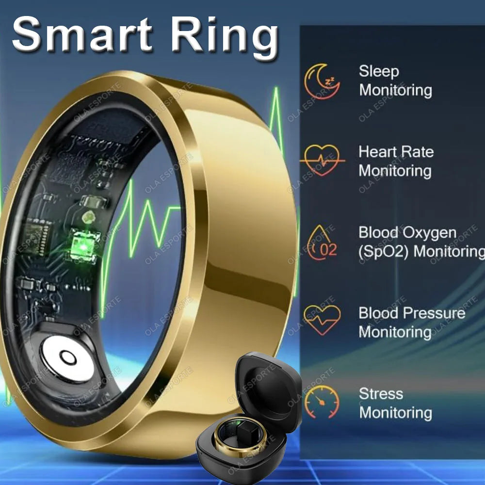 NovaRing Gold smart ring showing sleep, heart rate, and blood oxygen monitoring functions with charging case.