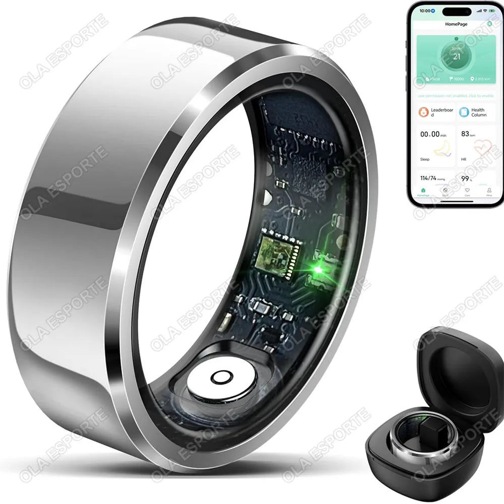 NovaRing silver smart ring luxury product shot with charging case and smartphone app visualization.