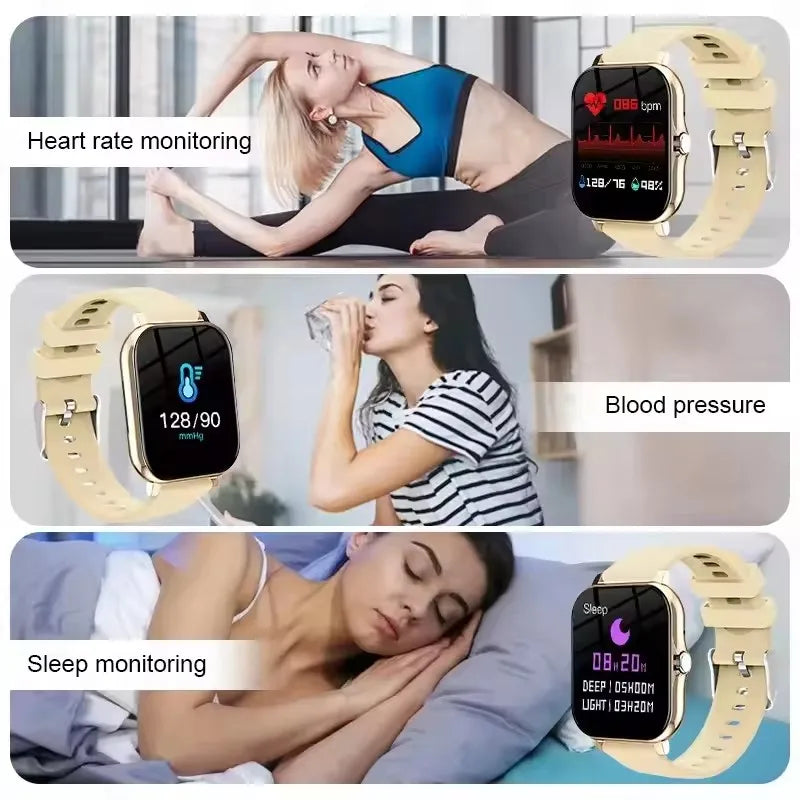 The pink fitness smartwatch presented in its display packaging, highlighting its sleek design