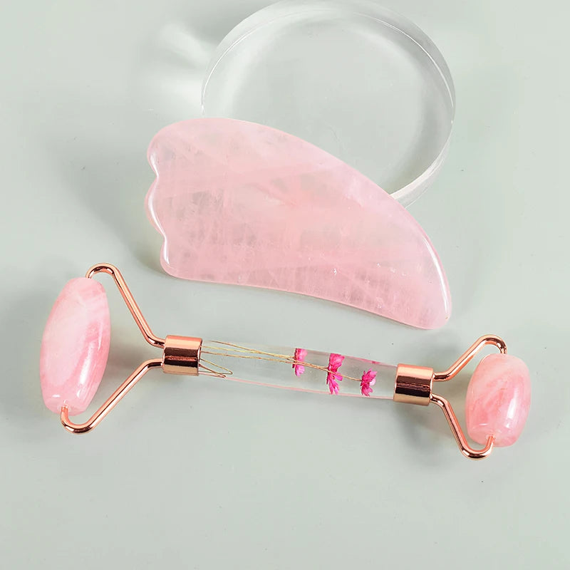 Complete pink rose quartz facial roller set shown with its premium gift box for skincare - Aurora Nova 4
