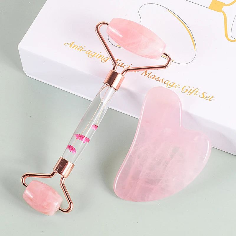 Rose quartz facial roller and gua sha stone beauty gift set for skin rejuvenation - Aurora Nova 4