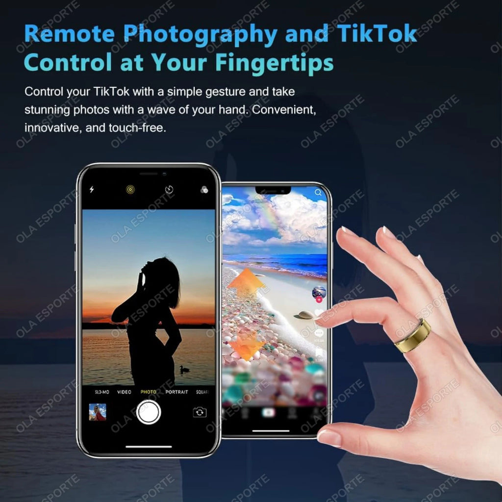Hand wearing a smart ring using remote photography and TikTok control features with smartphone.