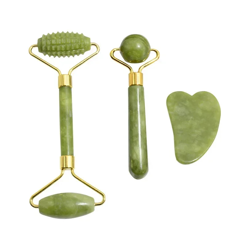Ridged and smooth jade roller pair with a heart-shaped gua sha stone.