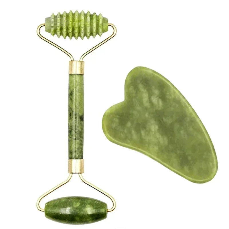 Dual-ended ridged jade roller and a flat green stone gua sha.