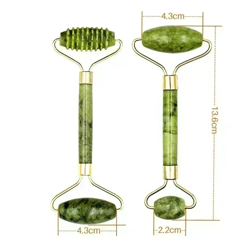 Close-up diagram displaying length and head measurements of a ridged jade roller.