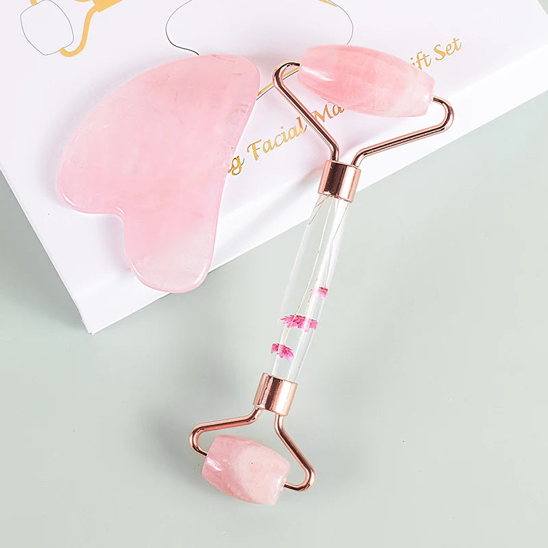 Luxury rose quartz gua sha and facial roller gift set for glowing skin - Aurora Nova 4