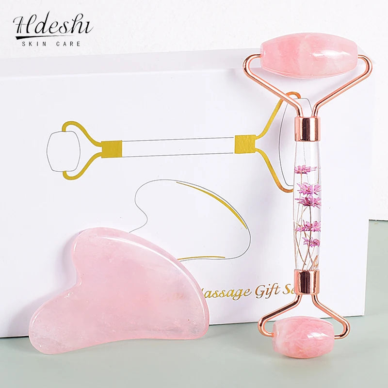 Premium Rose Quartz Jade Roller and Gua Sha facial massage set for skincare