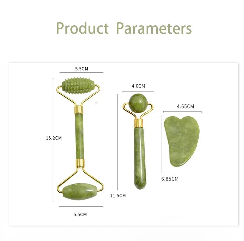 Diagram showing dimensions of a three-piece jade face roller and gua sha set.