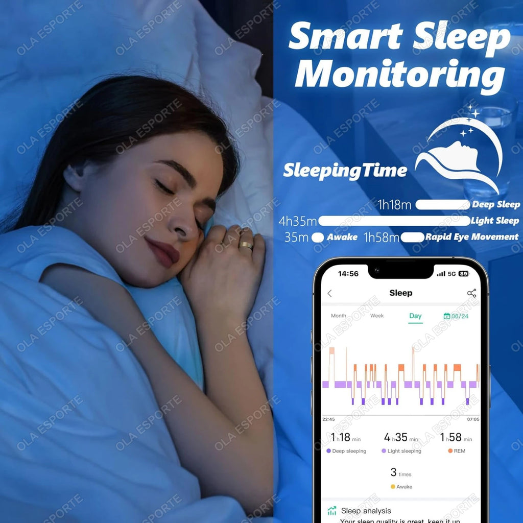 Woman sleeping peacefully while her sleep patterns are monitored and shown on the smartphone app data graph.