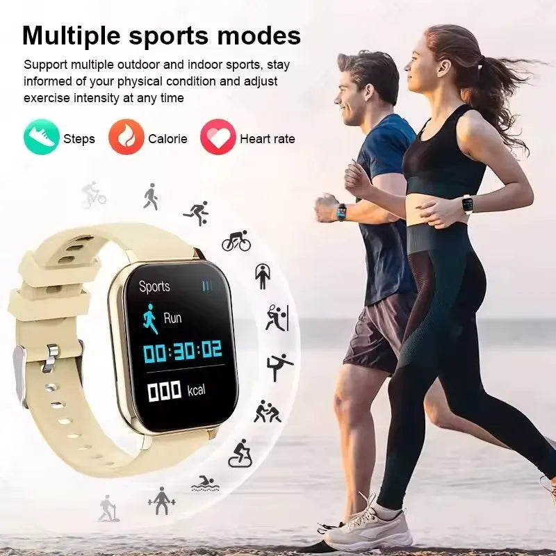 The pink smartwatch shown alongside its white magnetic USB charging cable.